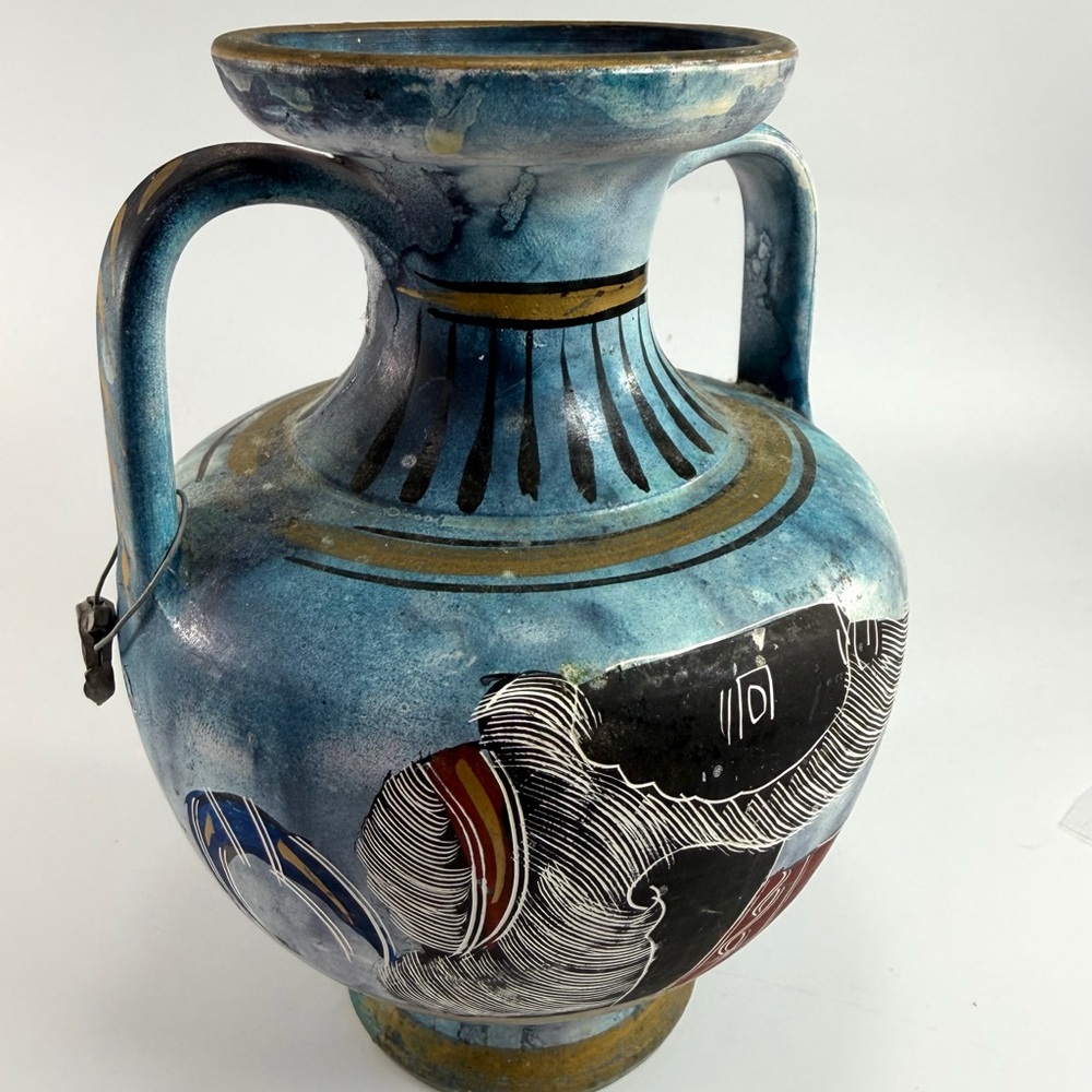 Vintage Greek Pottery Table Bud Vase Hand Painted Rhodes Greece Blue Turquoise